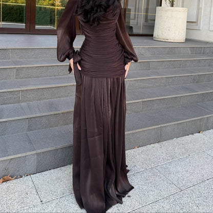 Satin Ruched Long Sleeve Maxi Dress Wedding Guest