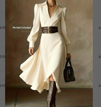 Women's White Collared Long Sleeve Pleated Maxi Dress