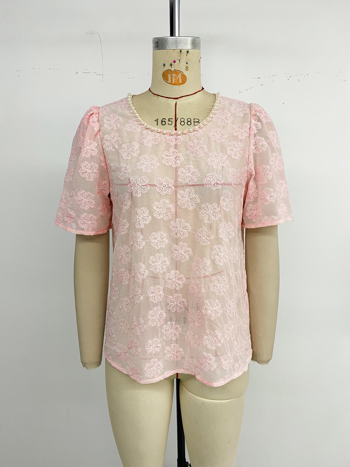 Pink Floral Jacquard Puff Sleeve Blouse Pearl Neck Top