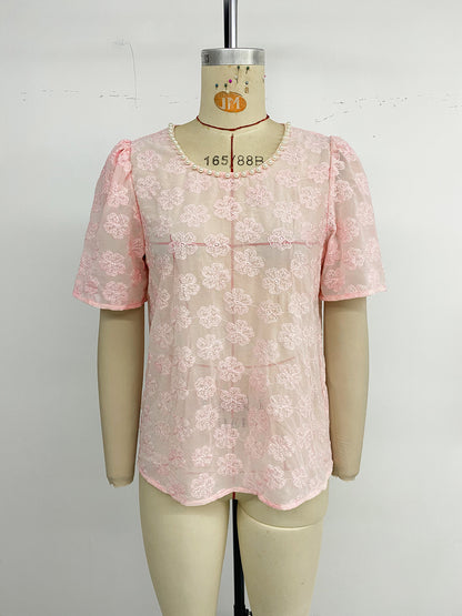 Pink Floral Jacquard Puff Sleeve Blouse Pearl Neck Top