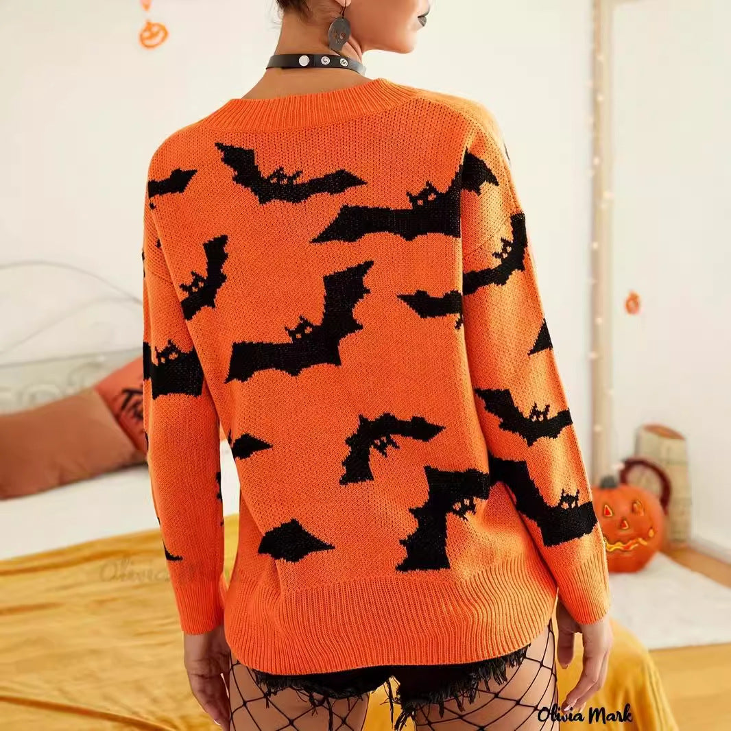 Women's Halloween Bat Crewneck Knit Sweater Pullover