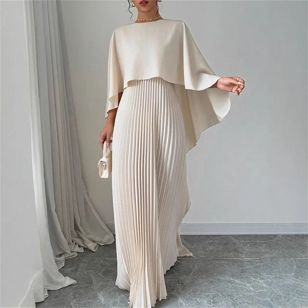 Women's Pleated Cape Sleeve Asymmetric Maxi Dress