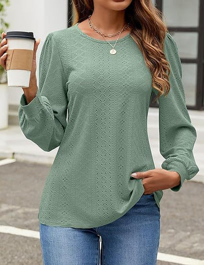 Solid Eyelet Lace Blouse Crew Neck Lantern Sleeve Top