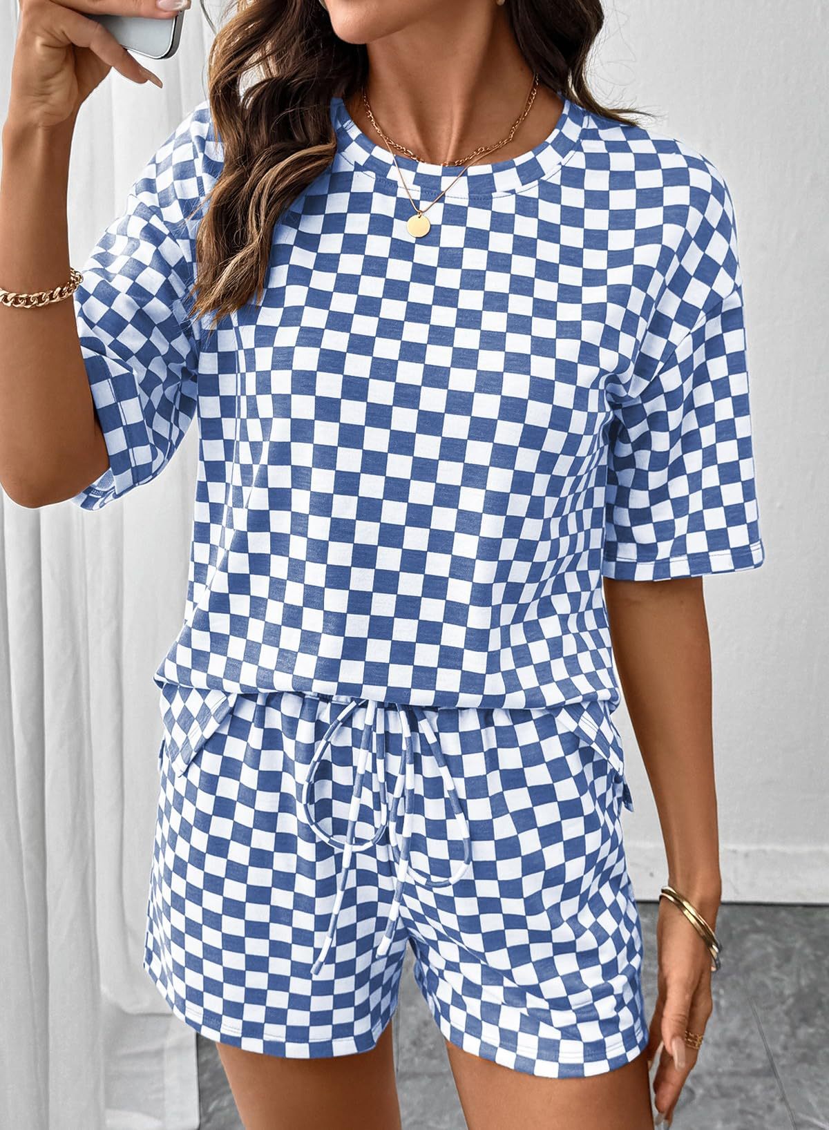 Rose Red Checkerboard Tee and Drawstring Shorts Set