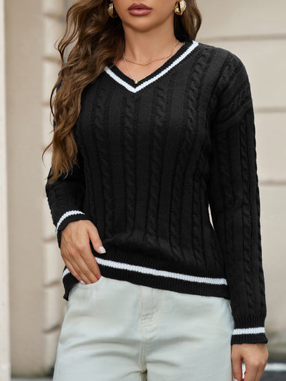 Women's V-Neck Cable Knit Sweater Contrast Trim Pullover