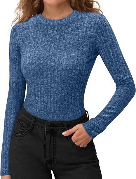 Women's Ribbed Long Sleeve Crew Neck Fitted Top