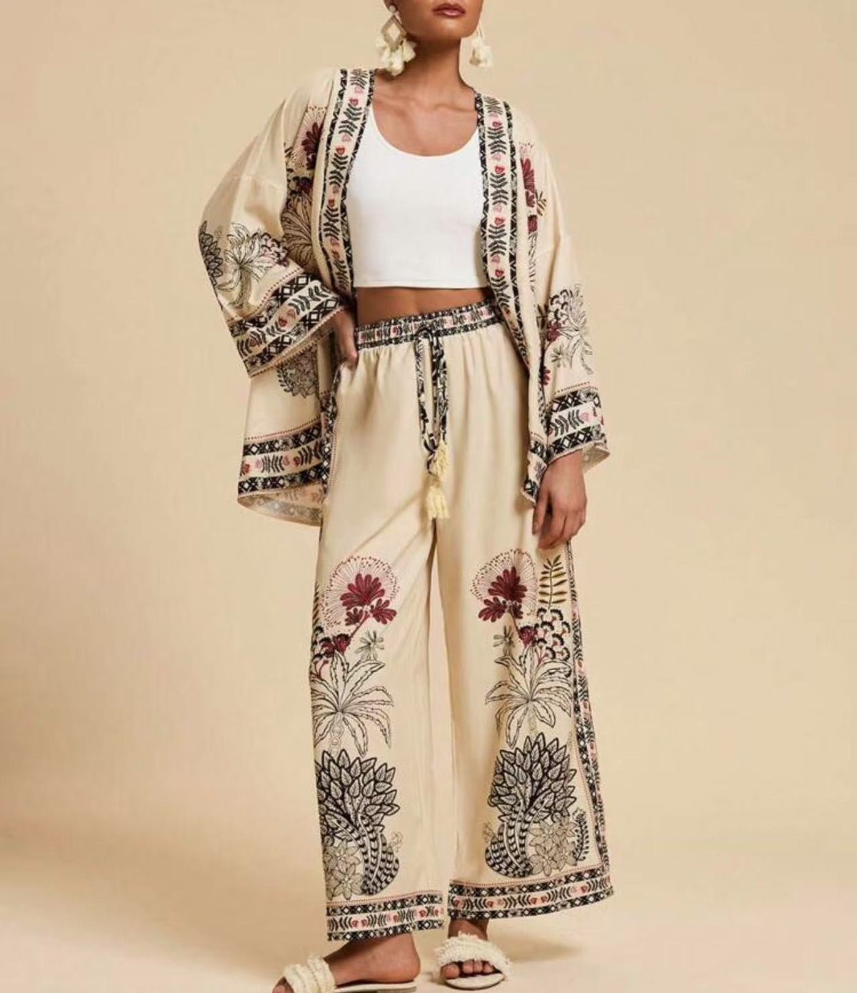 Women's Boho Kimono Cardigan Wide Leg Pants Matching Set