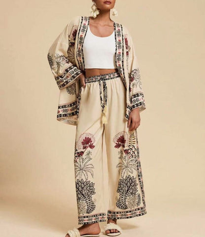 Women's Boho Kimono Cardigan Wide Leg Pants Matching Set