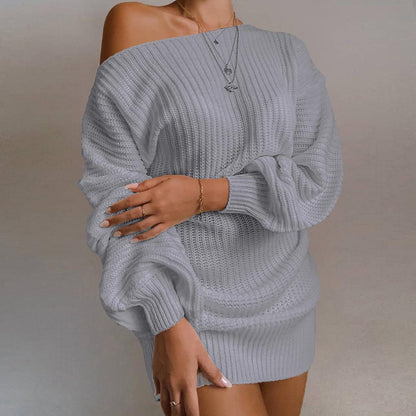Off Shoulder Balloon Sleeve Ribbed Sweater Dress