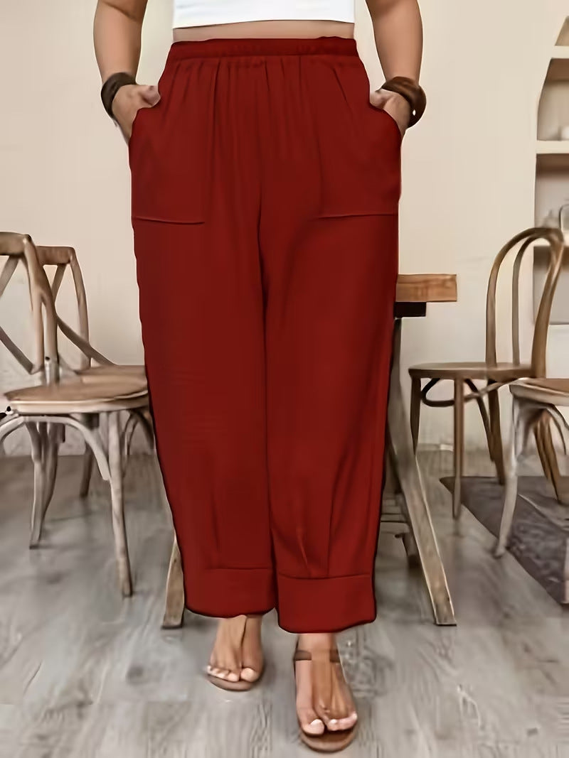Plus Size Linen Look Elastic Waist Tapered Pants