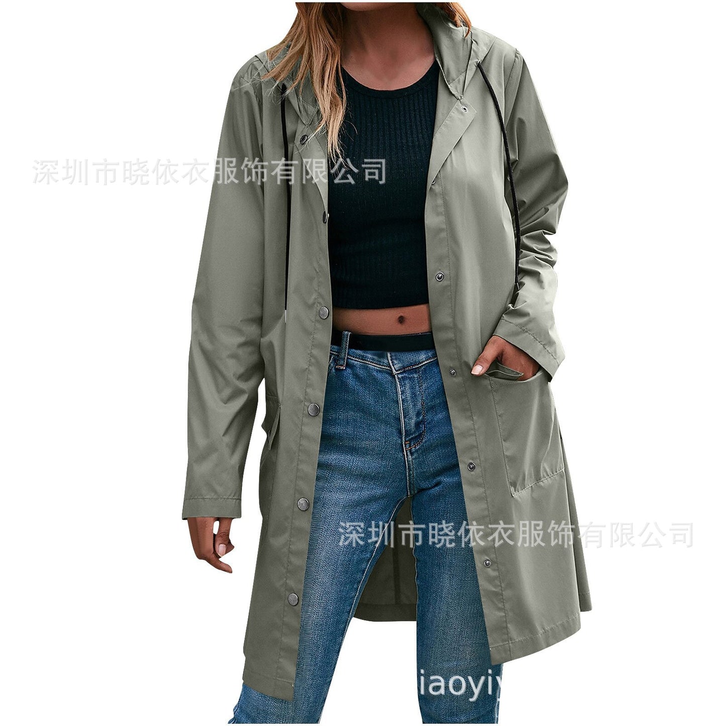 Women's Long Hooded Waterproof Trench Jacket
