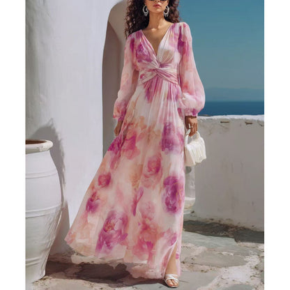 Pink Floral V-Neck Lantern Sleeve Maxi Dress