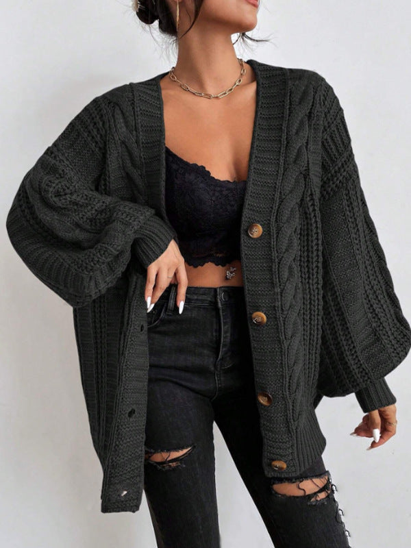 Women's V Neck Cable Knit Lantern Sleeve Cardigan