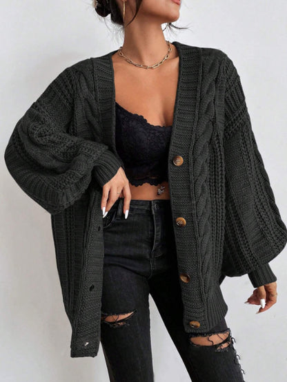 Women's V Neck Cable Knit Lantern Sleeve Cardigan