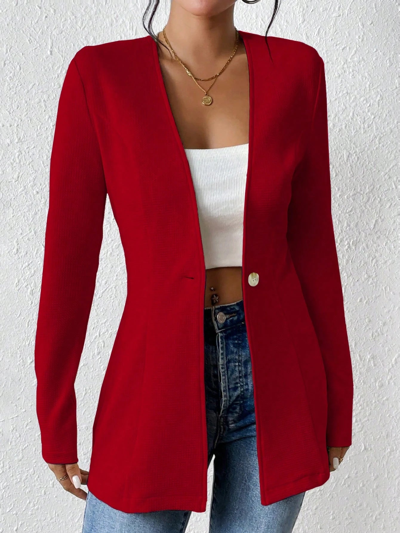 Women's Casual V-Neck One Button Solid Blazer Jacket