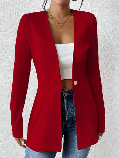 Women's Casual V-Neck One Button Solid Blazer Jacket