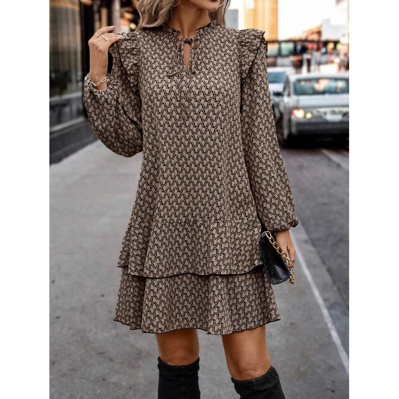 Tie Neck Long Sleeve Tiered A-Line Mini Dress