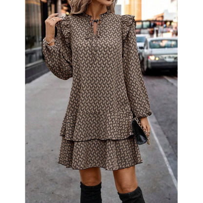 Tie Neck Long Sleeve Tiered A-Line Mini Dress