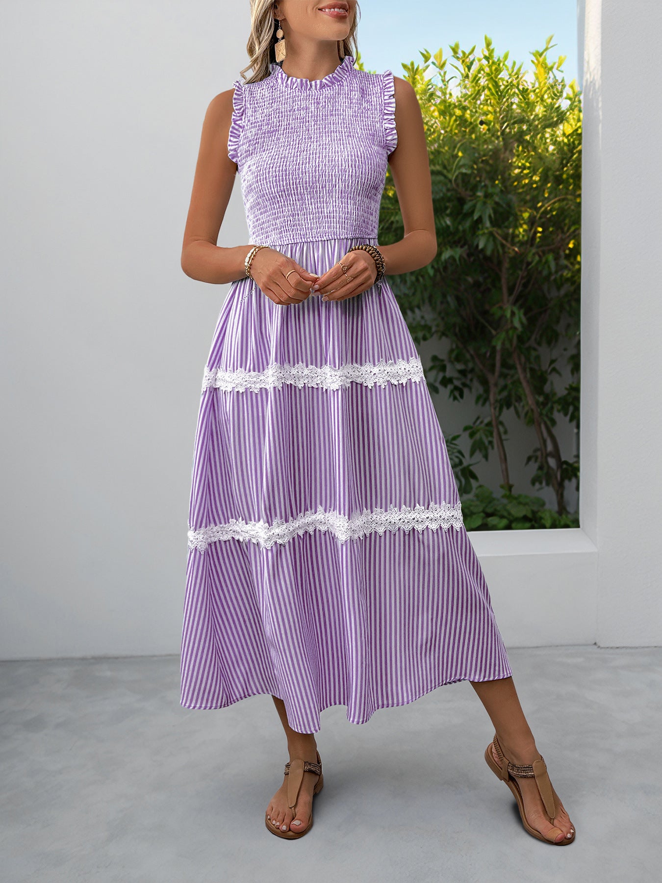Sleeveless Striped Lace Midi Dress Ruffled A-Line Summer