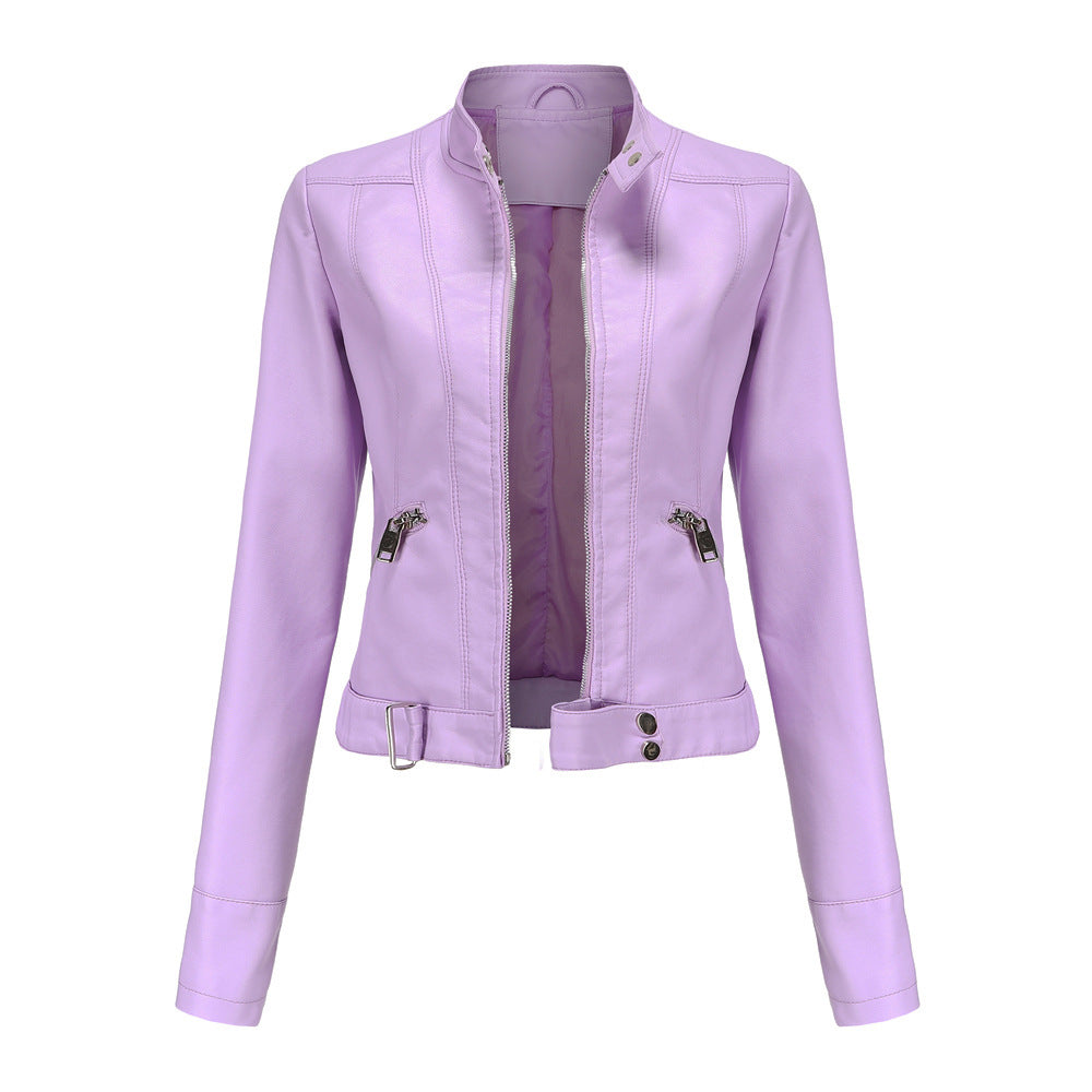 Women's Cropped Faux Leather Moto Jacket Stand Collar