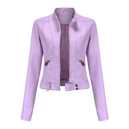 Women's Cropped Faux Leather Moto Jacket Stand Collar