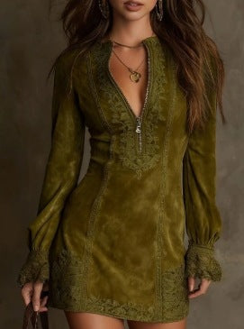 Boho Suede Zip Front Lace Long Sleeve Dress