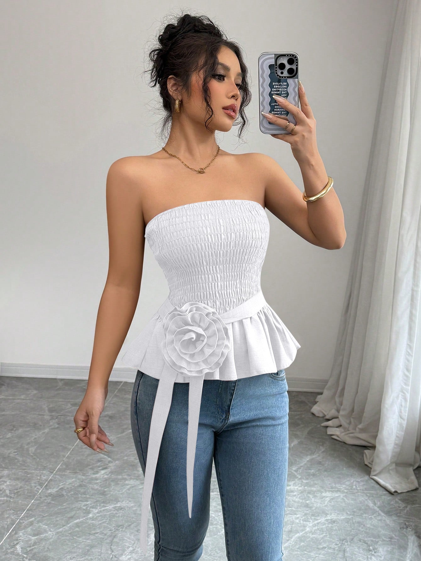 French Style Bandeau Top with Ruffle Hem and Rose