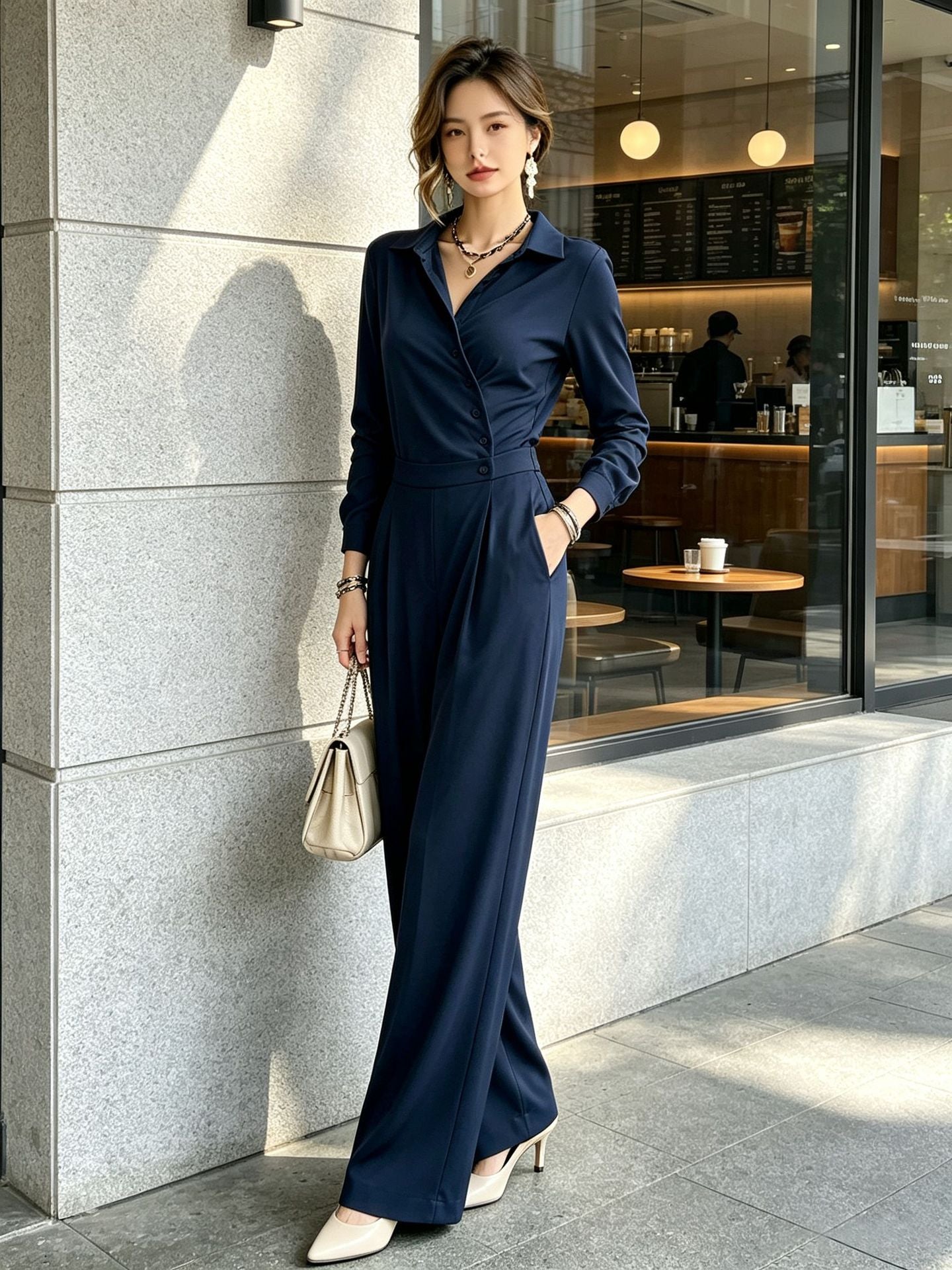 Elegant Minimalist High Waist Wide Leg Long Sleeve Jumpsuit
