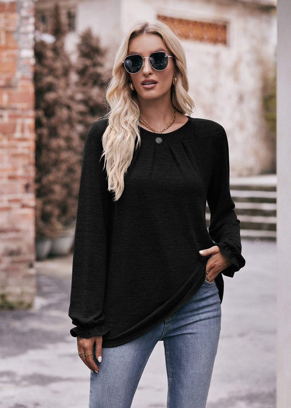 Round Neck Pleated Long Sleeve Brushed Knit Top