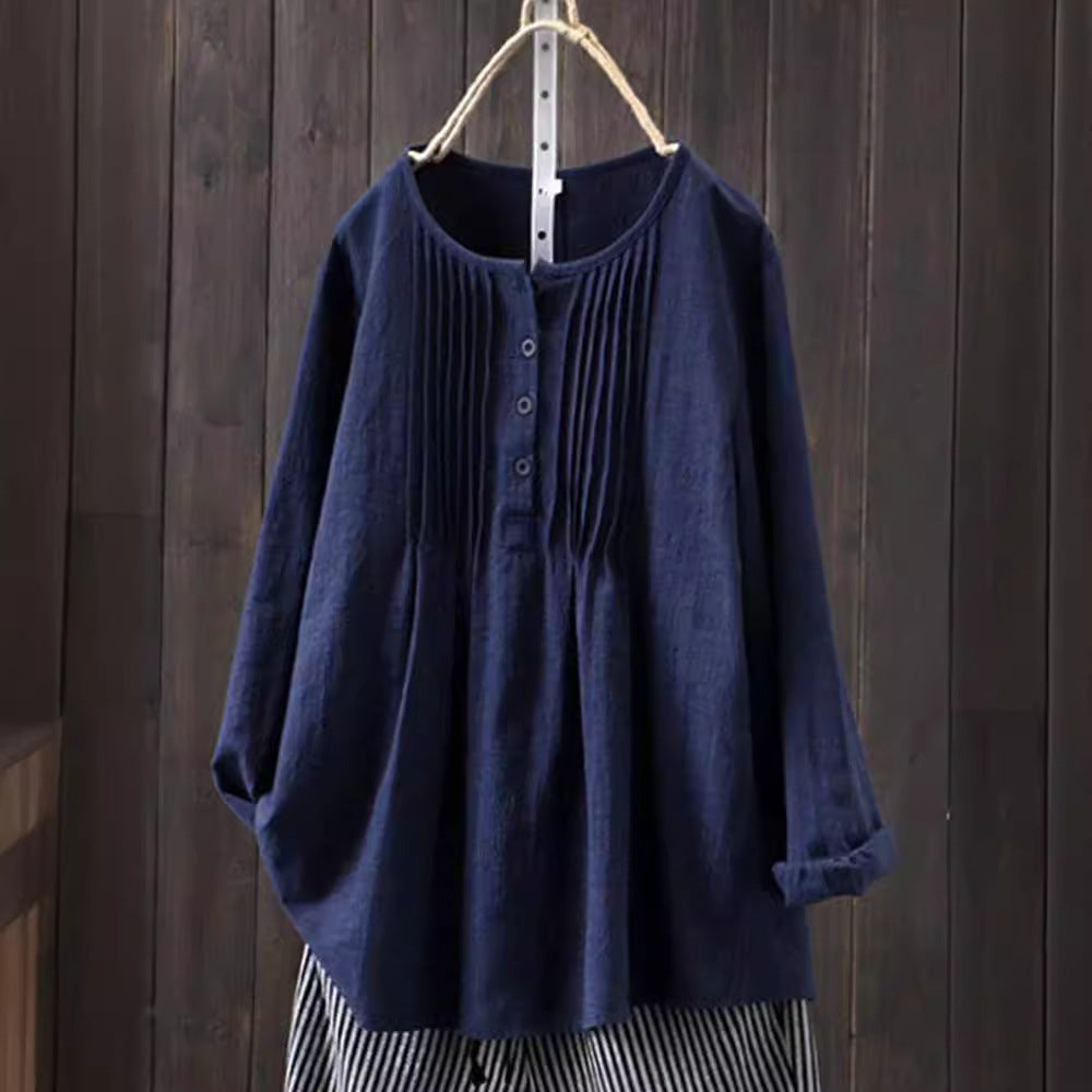 Women's Oversized Linen Blend Pleated Blouse