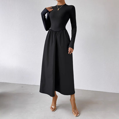 Black Mock Neck Long Sleeve Fit and Flare Maxi Dress