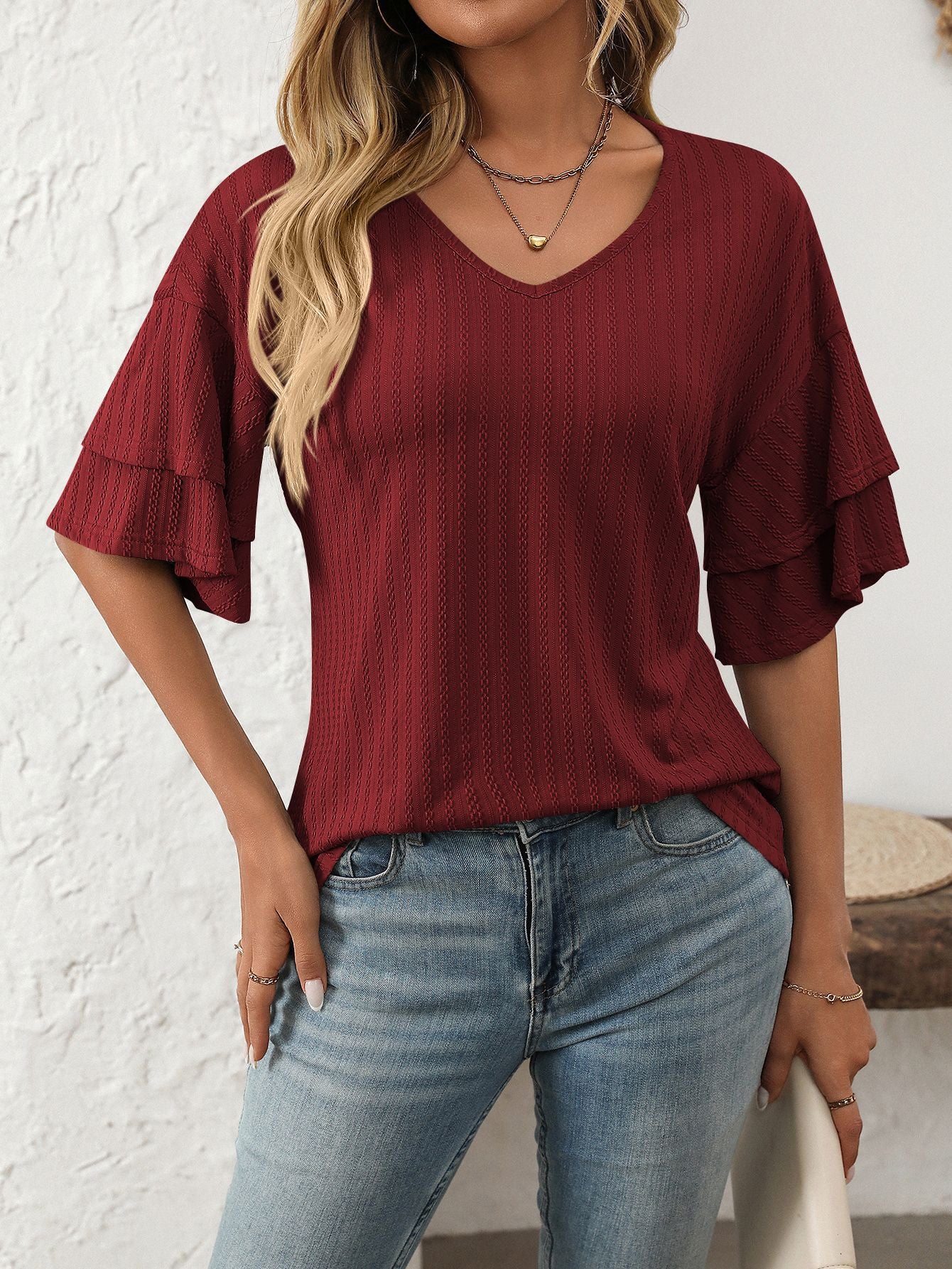 V-Neck Lotus Leaf Sleeve Women’s T-Shirt Top