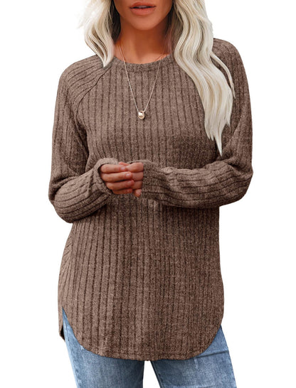 Women's Ribbed Brushed Long Sleeve Crew Neck Curved Hem Top