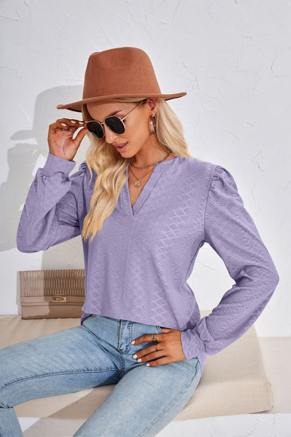 Women's V Neck Puff Sleeve Textured Tunic Top Long Sleeve