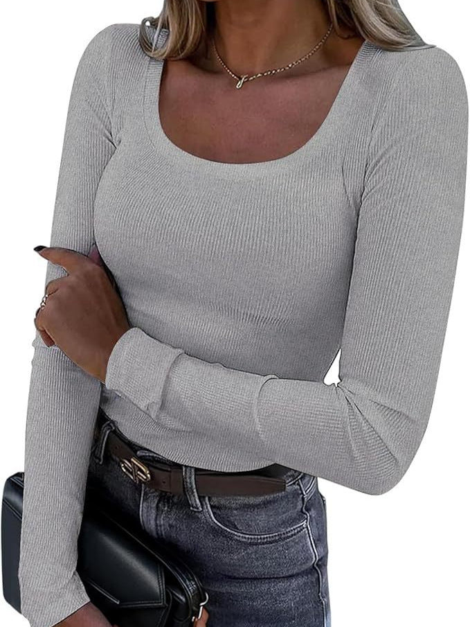 Women's Ribbed Square Neck Long Sleeve Fitted Top