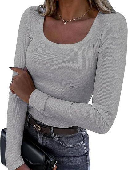 Women's Ribbed Square Neck Long Sleeve Fitted Top