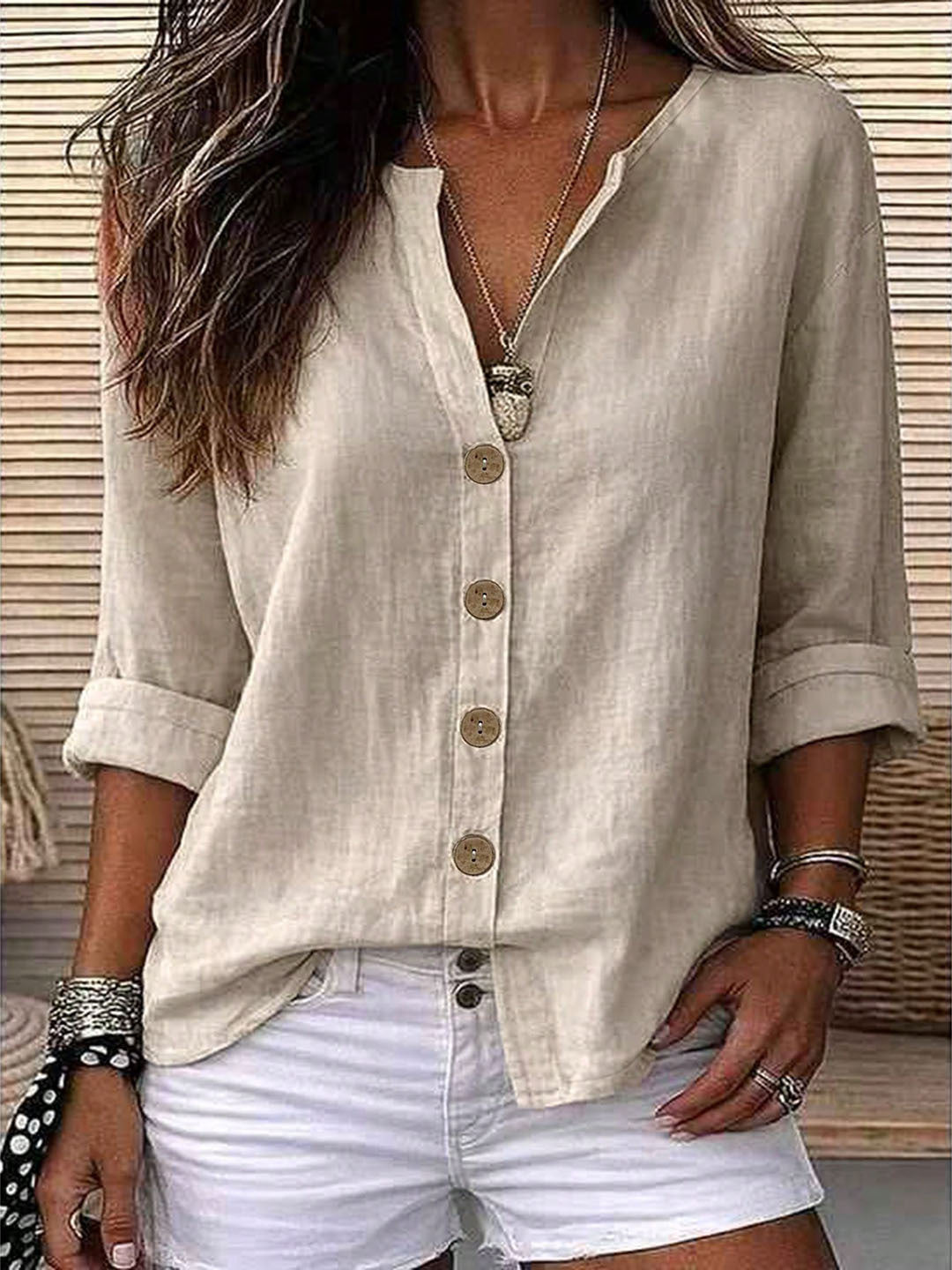 Women's V-Neck Button Front Relaxed Roll-Sleeve Blouse