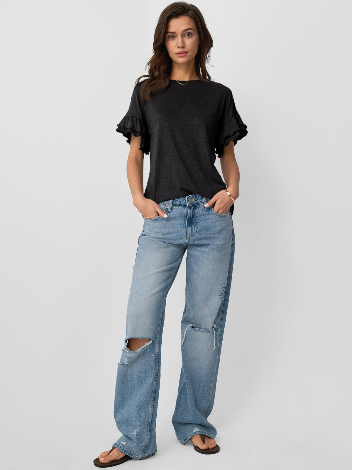 Women’s Ruffle Sleeve Crew Neck Tee Casual Summer Top