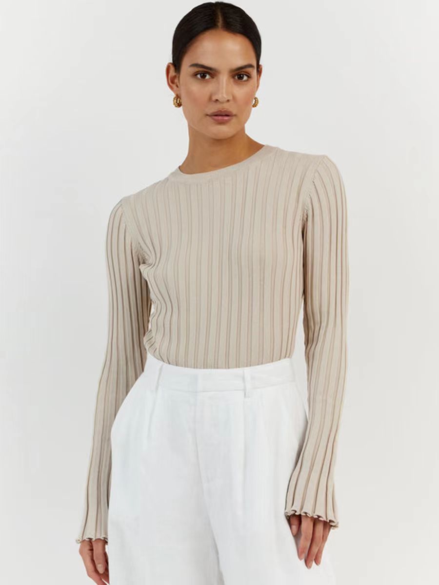 Women's Ribbed Crew Neck Long Sleeve Fitted Sweater
