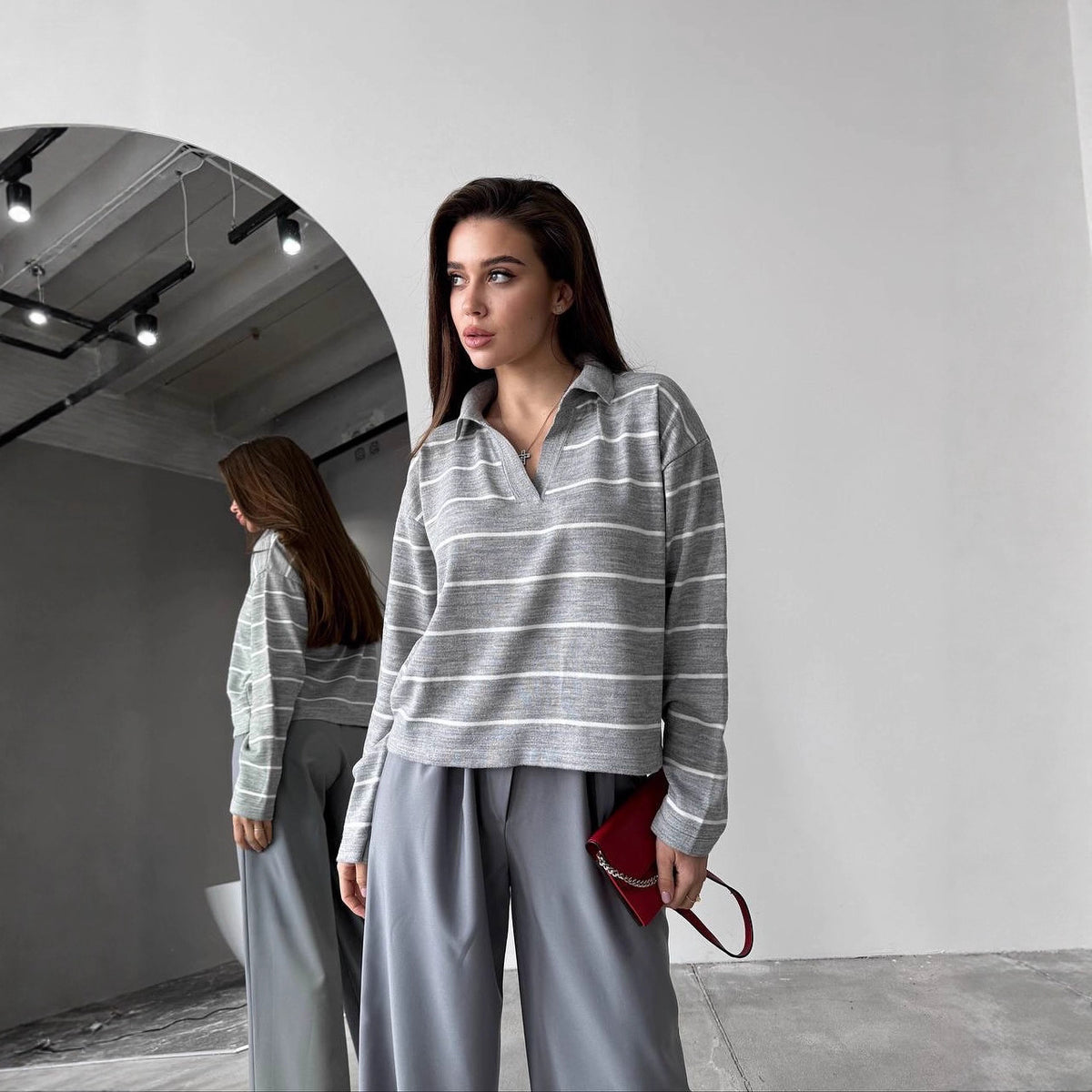 Women's Oversized Striped V-Neck Knit Sweater