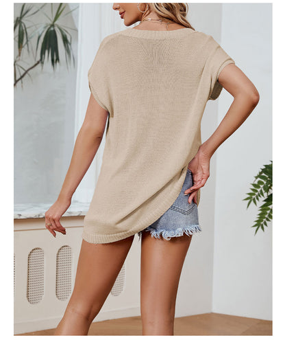 Color Block V Neck Loose Knit Tee Casual Summer Top