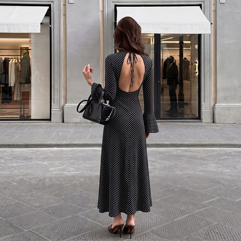 Black Polka Dot Maxi Dress Bell Sleeve Tie Back A-Line