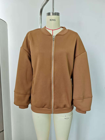 Women's Oversized Zip Up Bomber Jacket Lantern Sleeve