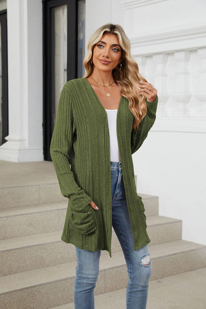 Women's Long Sleeve Ribbed Open Front Cardigan Pockets