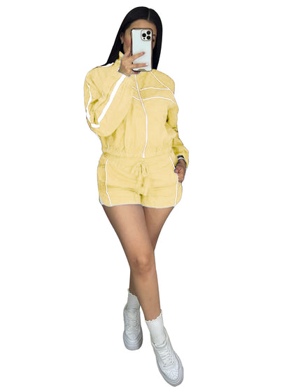 Women's Zip Jacket Shorts Two Piece Set Contrast Piping