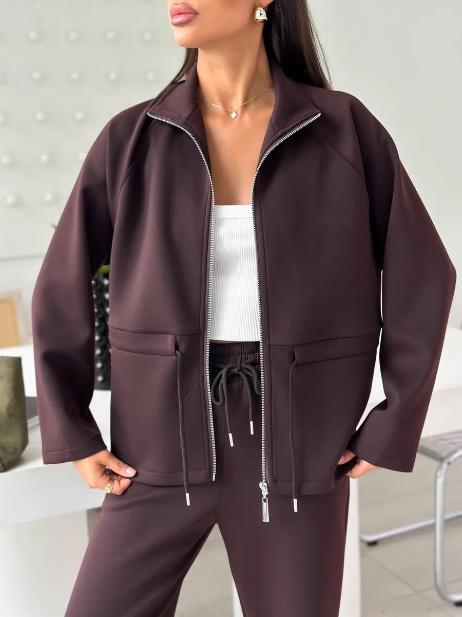 Women's Zip Up Drawstring Jacket Wide Leg Pants Set