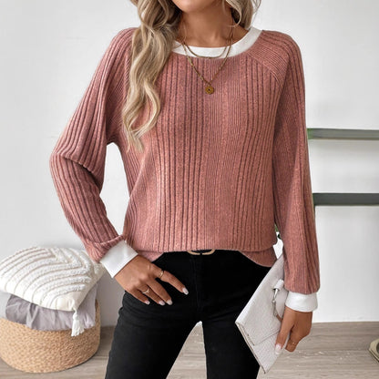 Women's Ribbed Crew Neck Long Sleeve Pullover Sweater