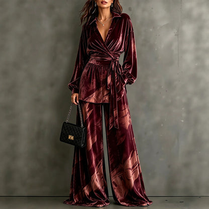 Women's Velvet Wrap Top Wide Leg Pants Two Piece Set
