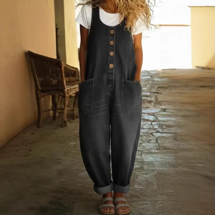Women's Vintage Wash Denim Overalls Sleeveless Wide Leg