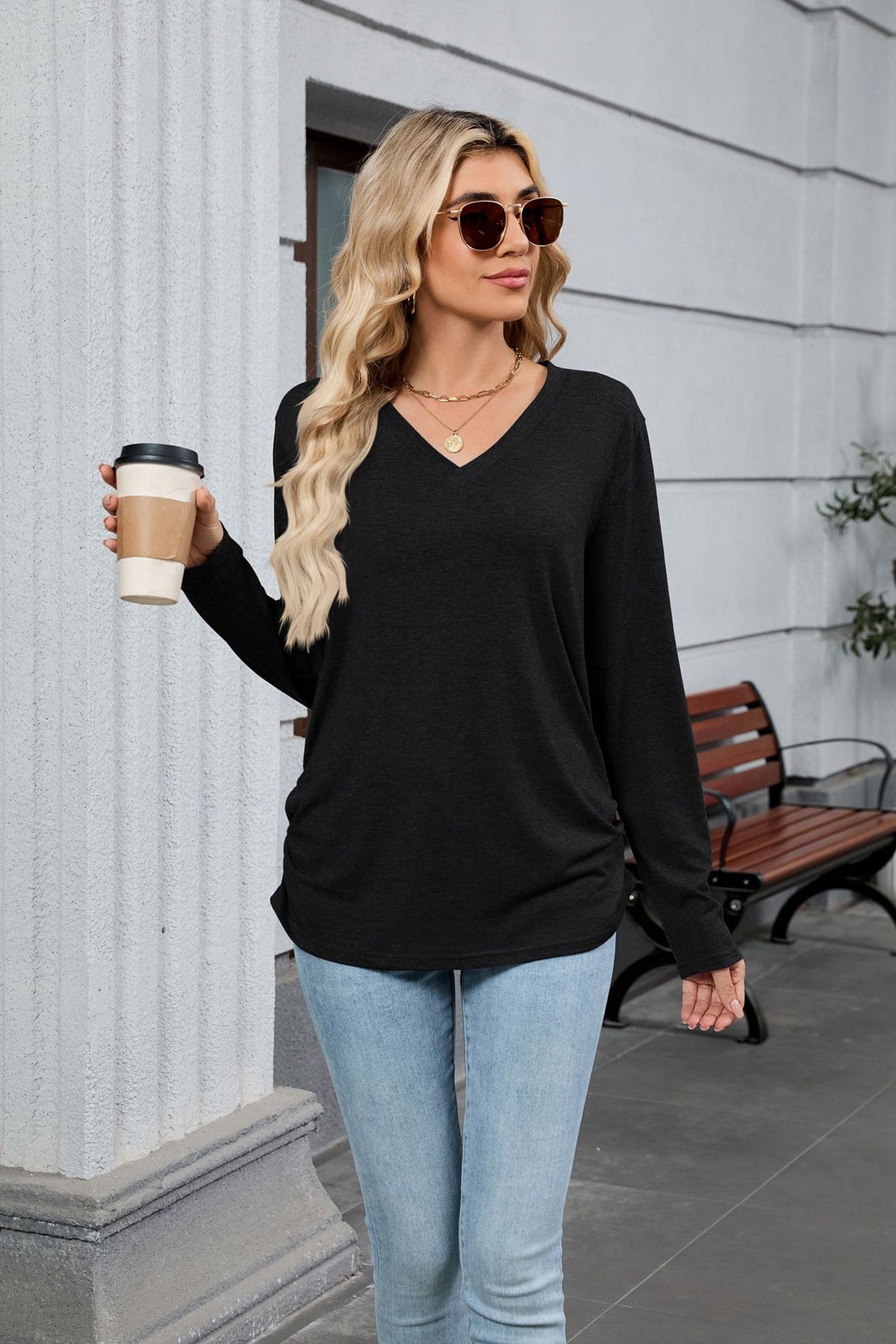 Women's V-Neck Long Sleeve Oversized Tunic Top Shirred